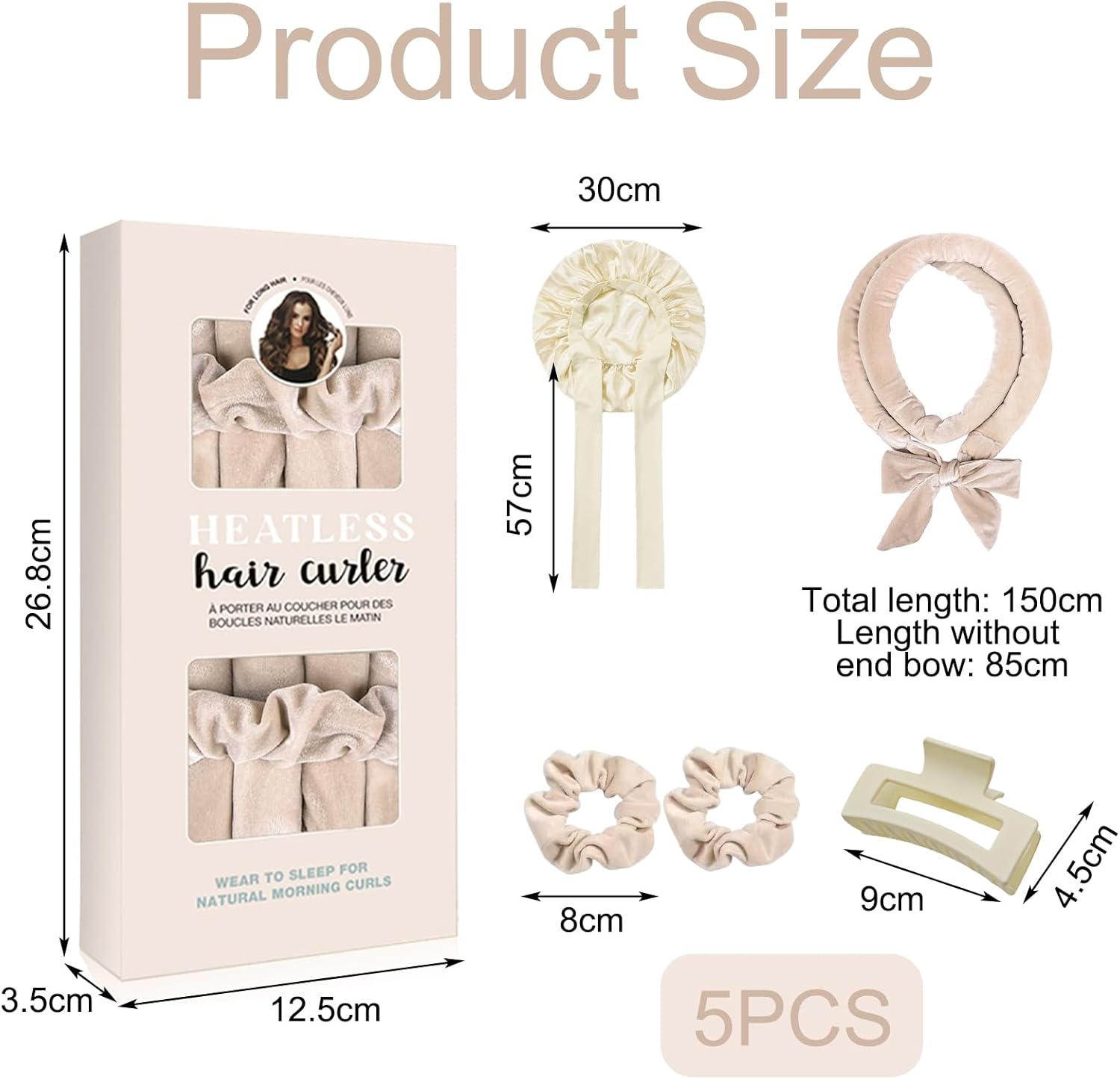 Heat-Free Curl, Heat Free Curl Set with Hair Cap, Heat-Free Hair Curler, Soft Sleep Curler for Medium and Long Hair - Beige