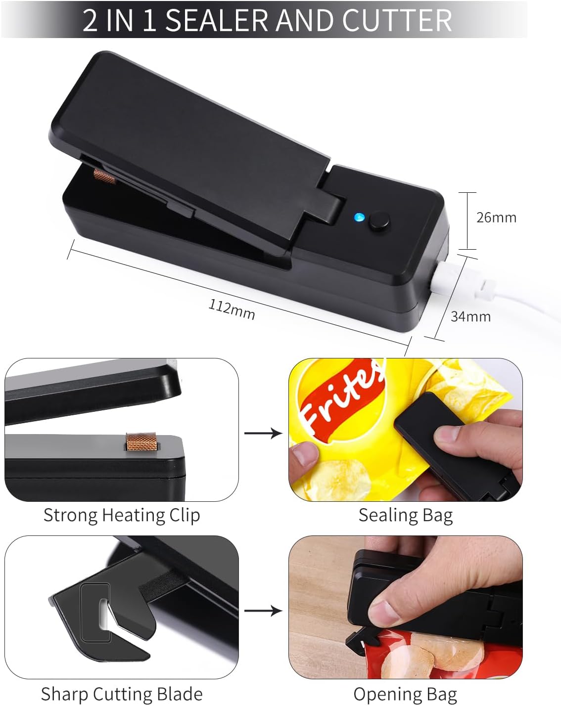 Mini Heat Sealer 2 in 1 Bag Sealer with Cutter with Magnet, Portable Manual Sealer for Plastic Bags with Crumbs and Snacks (Black)