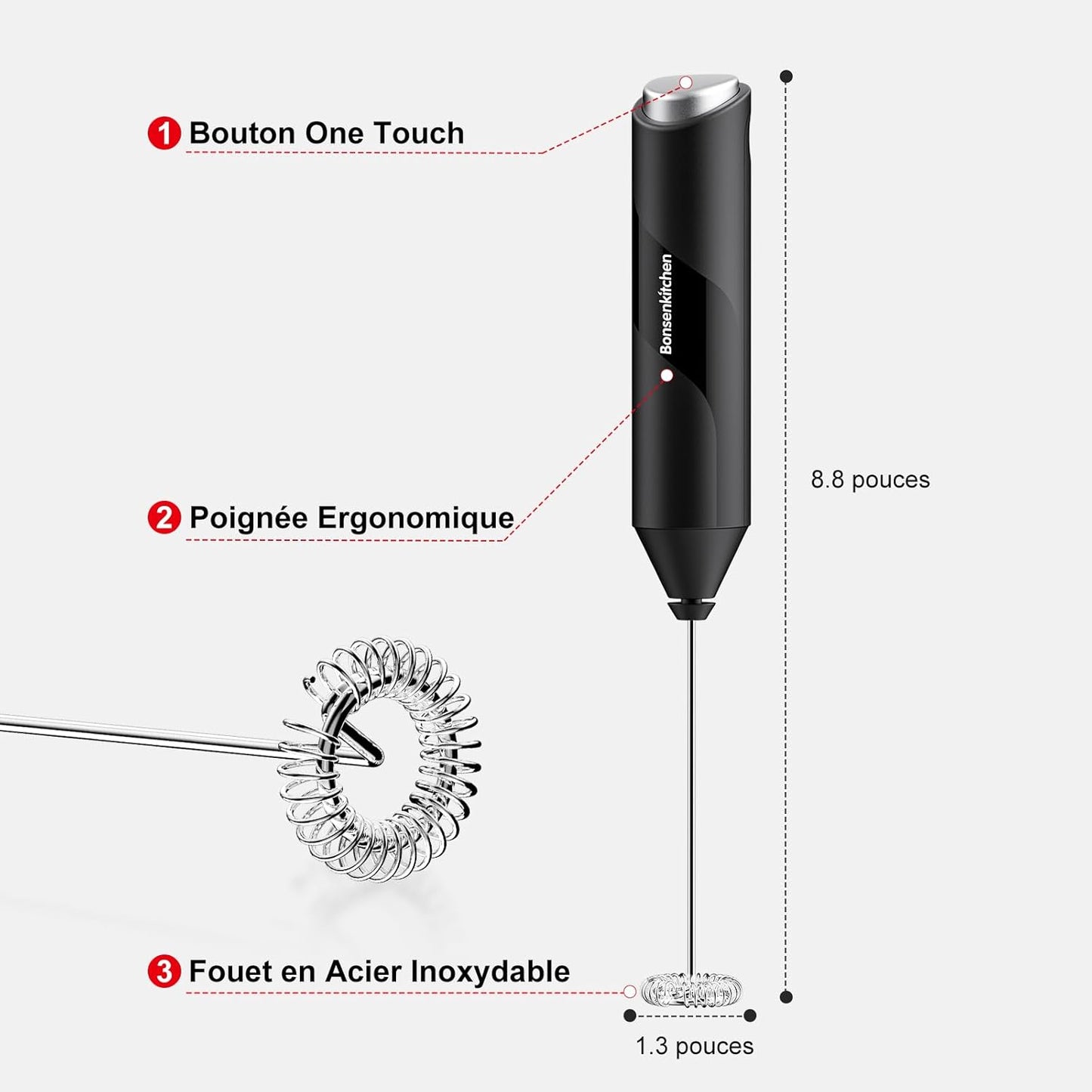 Bonsenkitchen Electric Milk Frother, Stainless Steel Milk Frother, Battery Operated, Powerful Mixer for Coffee, Latte, Cappuccino, Matcha
