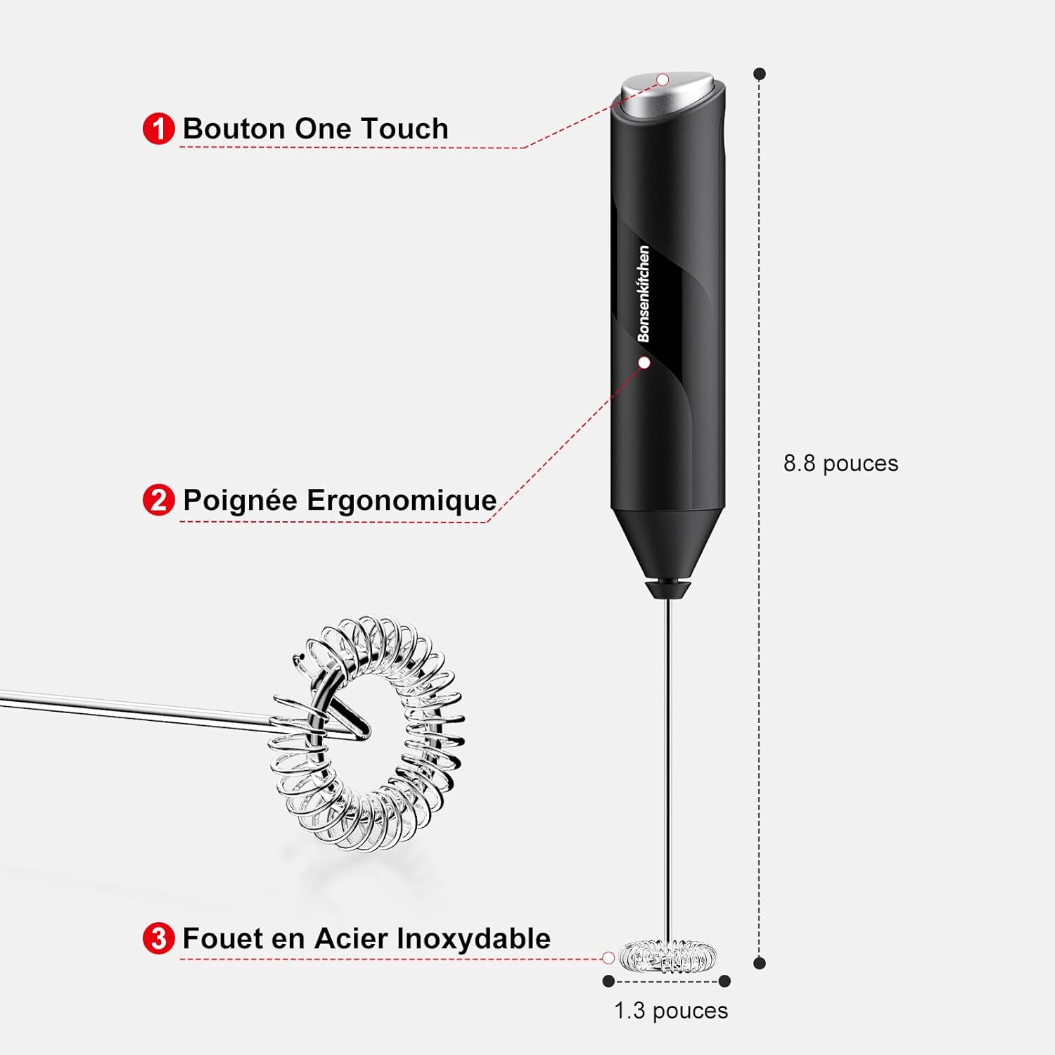 Bonsenkitchen Electric Milk Frother, Stainless Steel Milk Frother, Battery Operated, Powerful Mixer for Coffee, Latte, Cappuccino, Matcha