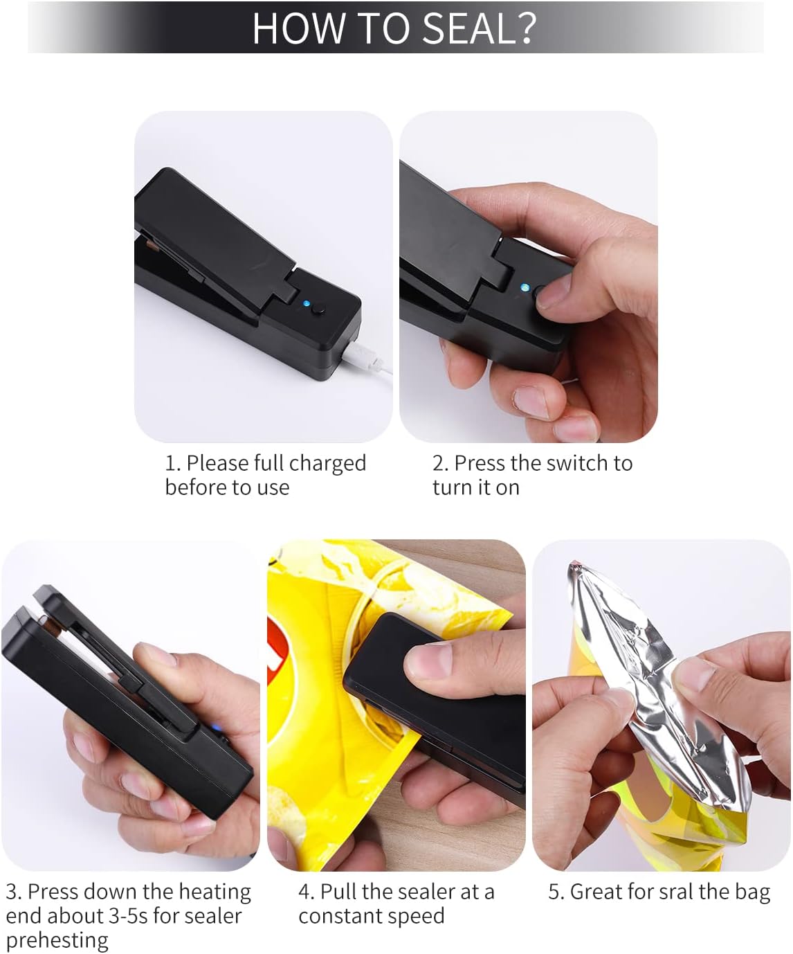 Mini Heat Sealer 2 in 1 Bag Sealer with Cutter with Magnet, Portable Manual Sealer for Plastic Bags with Crumbs and Snacks (Black)