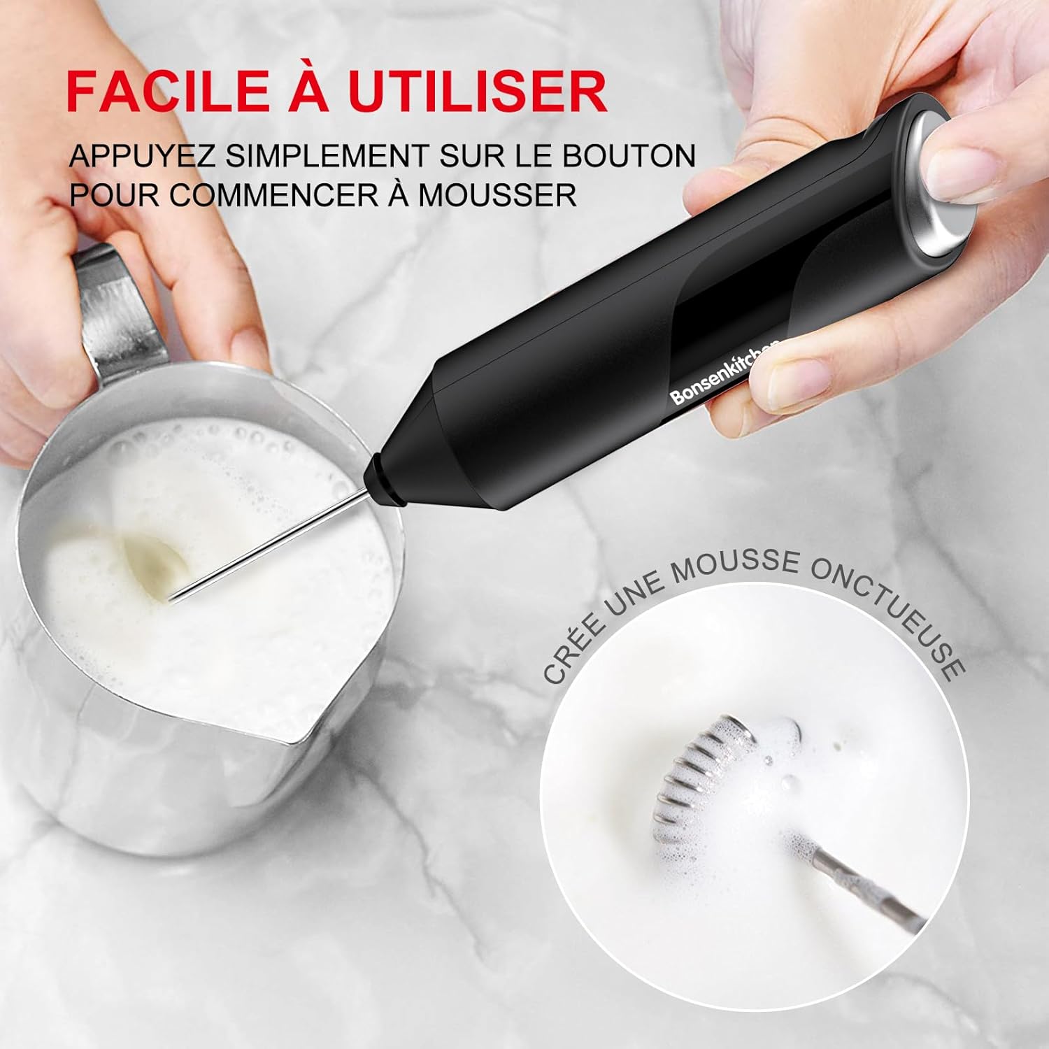 Bonsenkitchen Electric Milk Frother, Stainless Steel Milk Frother, Battery Operated, Powerful Mixer for Coffee, Latte, Cappuccino, Matcha