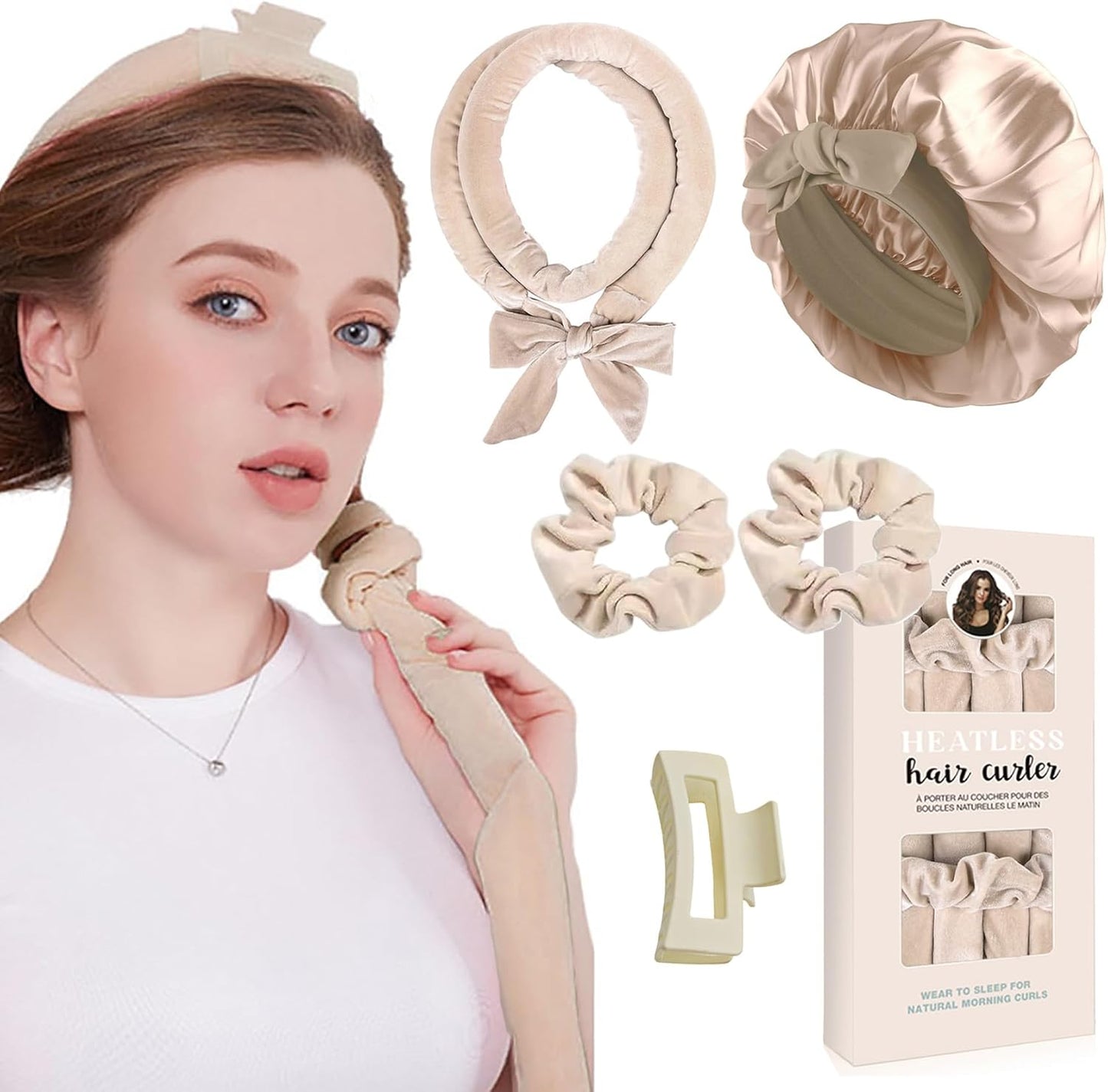 Heat-Free Curl, Heat Free Curl Set with Hair Cap, Heat-Free Hair Curler, Soft Sleep Curler for Medium and Long Hair - Beige