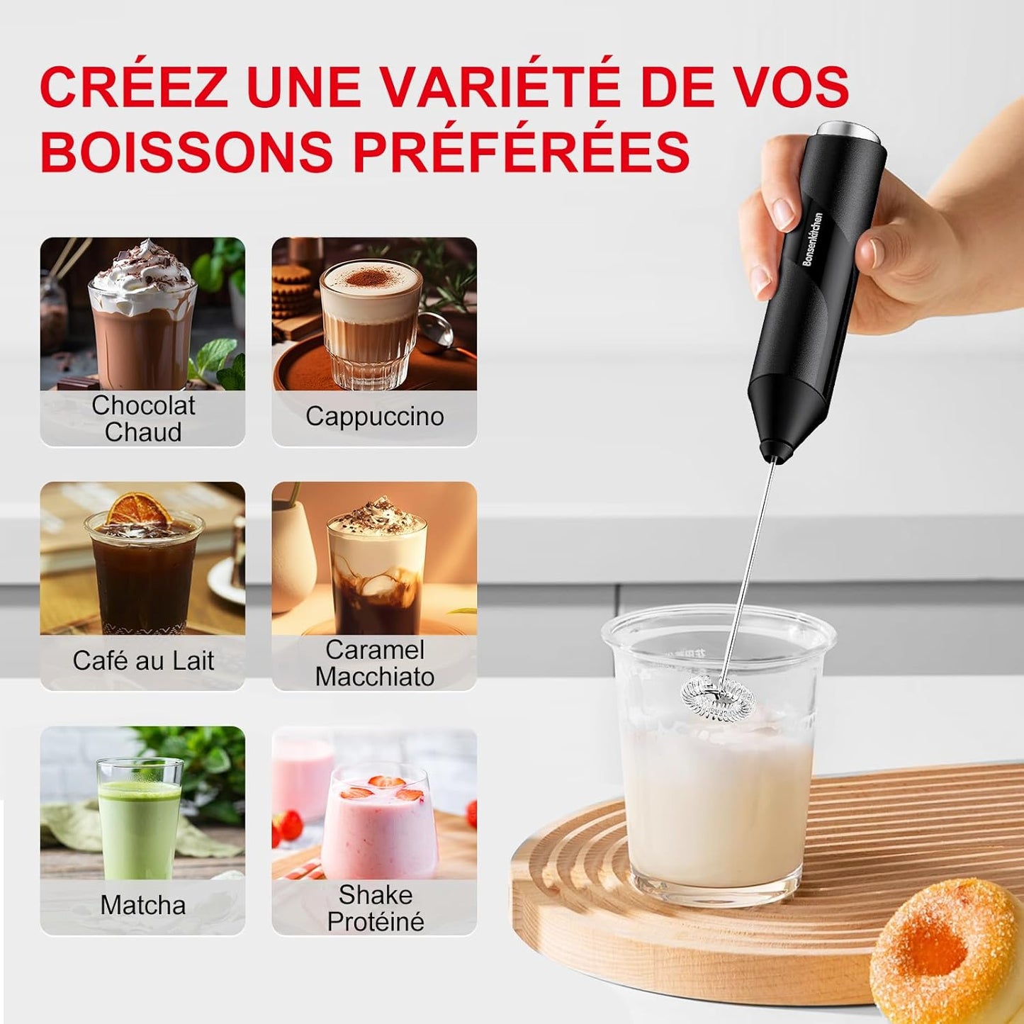 Bonsenkitchen Electric Milk Frother, Stainless Steel Milk Frother, Battery Operated, Powerful Mixer for Coffee, Latte, Cappuccino, Matcha