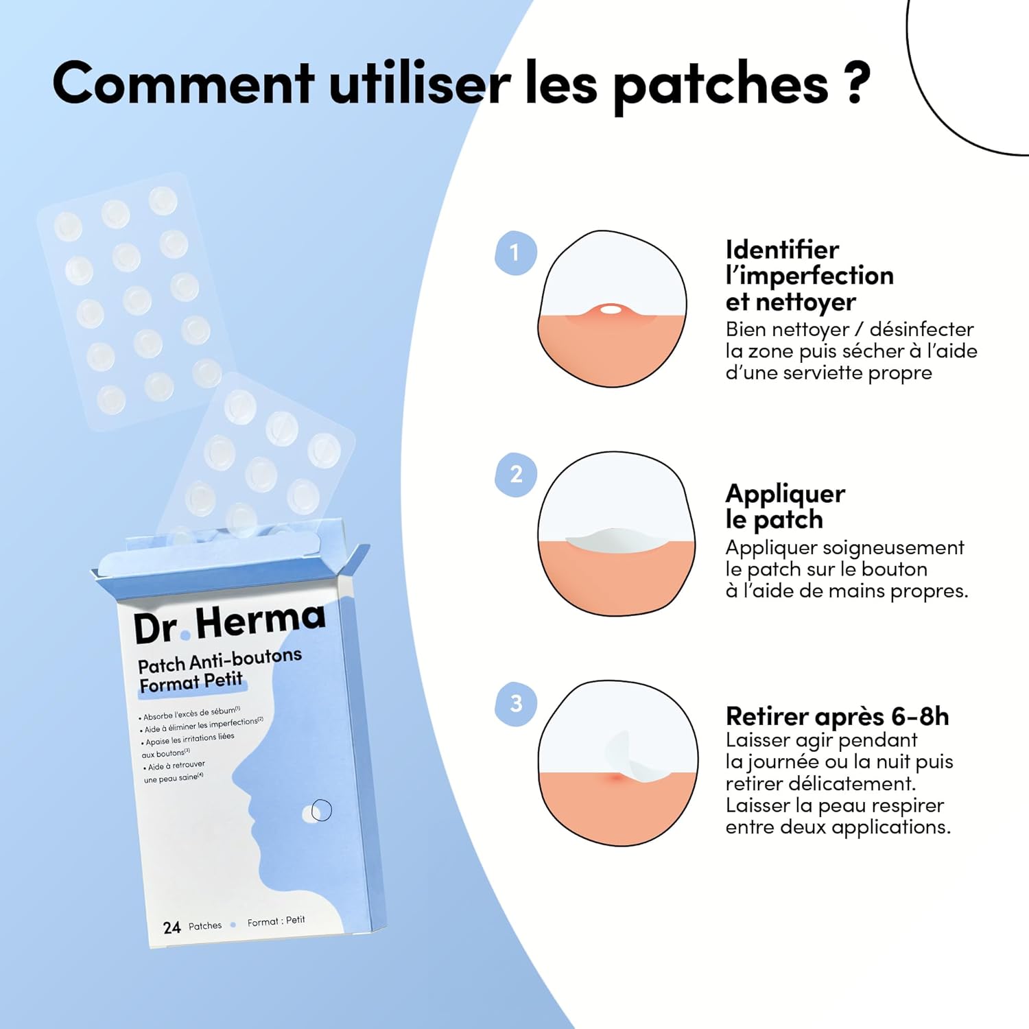 Dr. Herma - Anti-pimple patch, Acne Patch Invisible - Results in 6 to 8 hours - Dermatologically tested - Salicylic acid, hydrocolloids, tea tree oil - Box of 24 patches