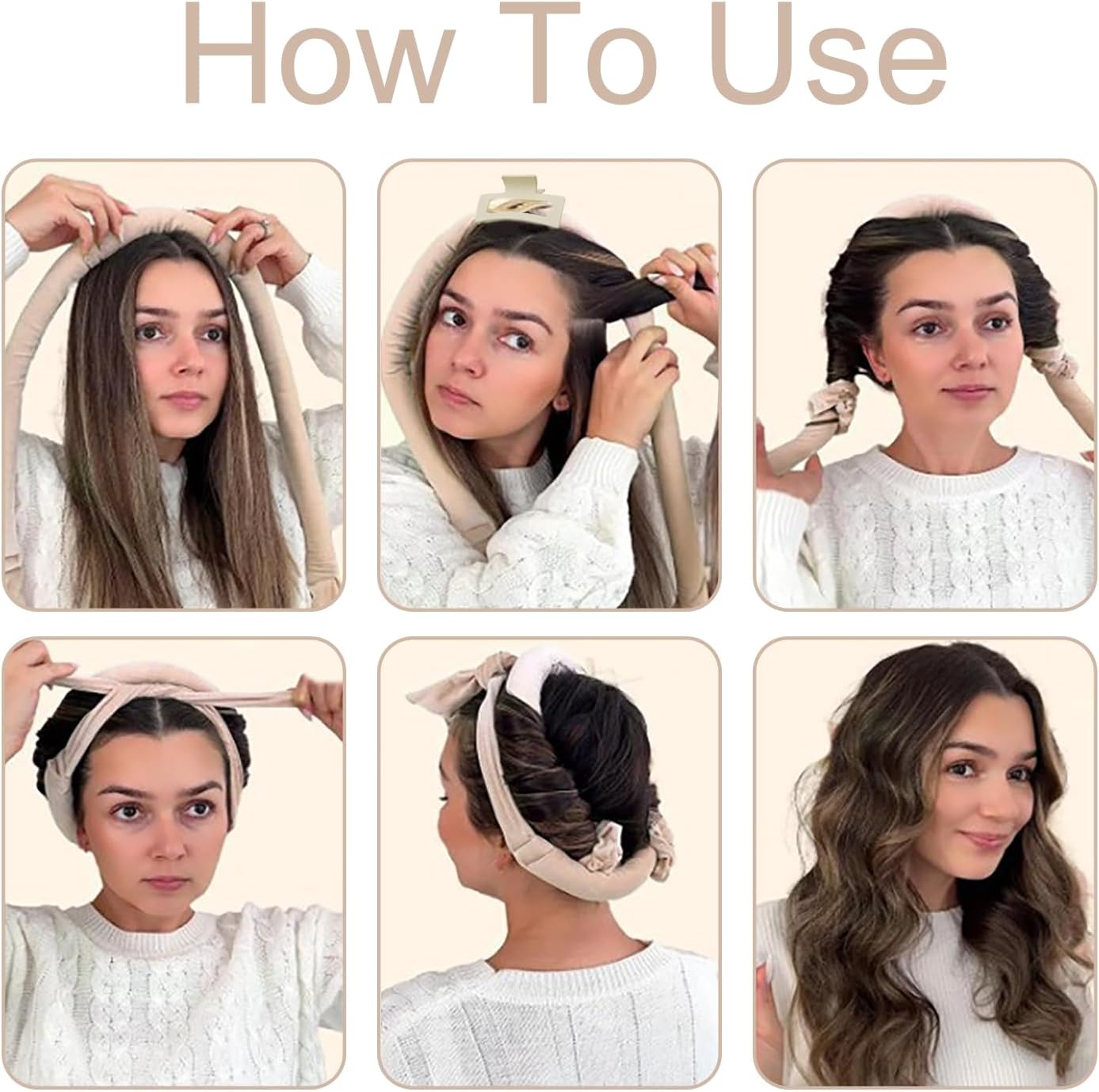 Heat-Free Curl, Heat Free Curl Set with Hair Cap, Heat-Free Hair Curler, Soft Sleep Curler for Medium and Long Hair - Beige
