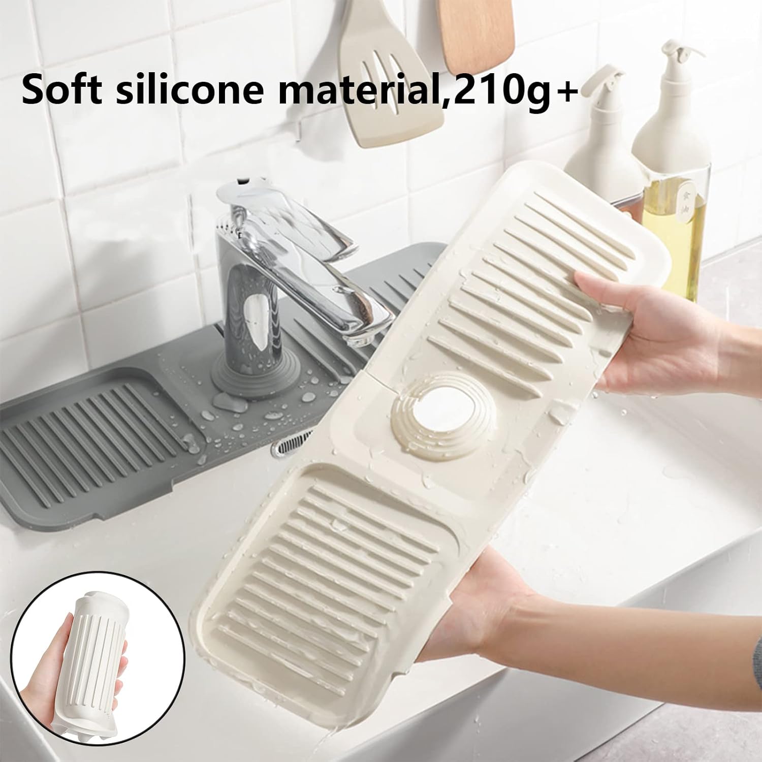 Jastown 45 x 15 cm Silicone Faucet Mat, Drying Mat for Kitchen Sink, Tap Protection Draining Mat, Splash Catcher Accessory, Kitchen and Bathroom Accessory (Light Grey)