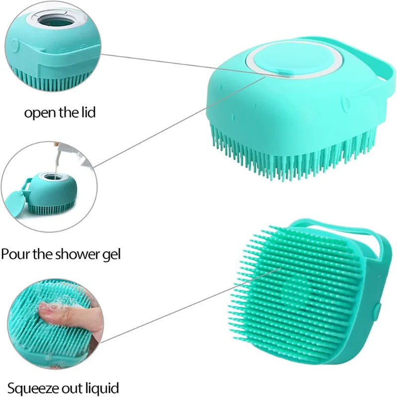 🛁 Brosse de Bain & Massage pour Animaux – Silicone Doux et Réservoir Intégré
